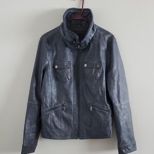 Suzy Shier Dark Gray Faux Leather Vintage Feel Moto Grunge Spring Jacket Sz L